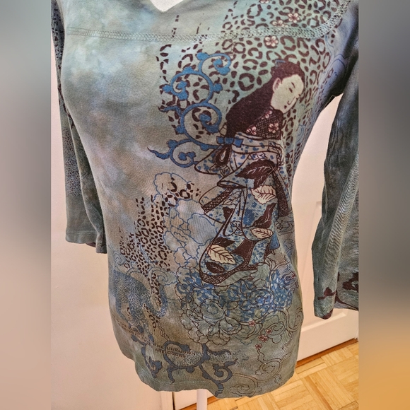 NEW Y2K GLIMA Green Blue Tie Dye Printed Jaguar 3/4 Sleeve Cotton Blouse Top S - Picture 3 of 7